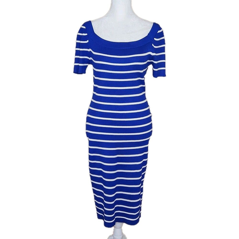 Almost Famous Coastal Chic Blue Striped Midi Dress Nautical Ribbed Y2K Large